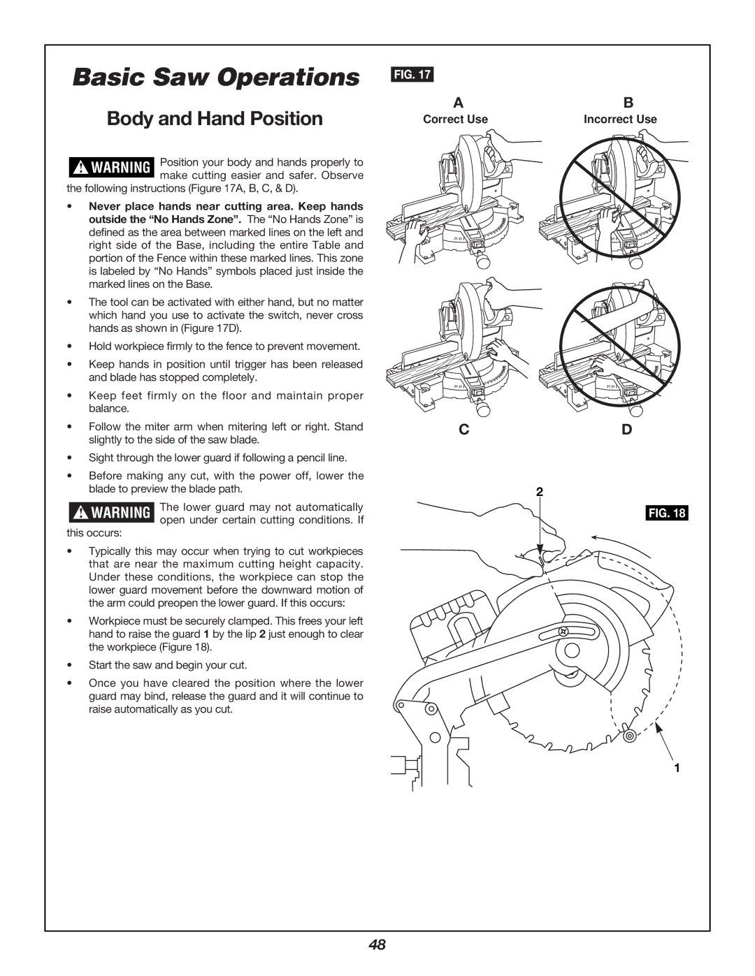 Bosch Power Tools 3924B manual Basic Saw Operations, Body and Hand Position, Correct Use Incorrect Use 