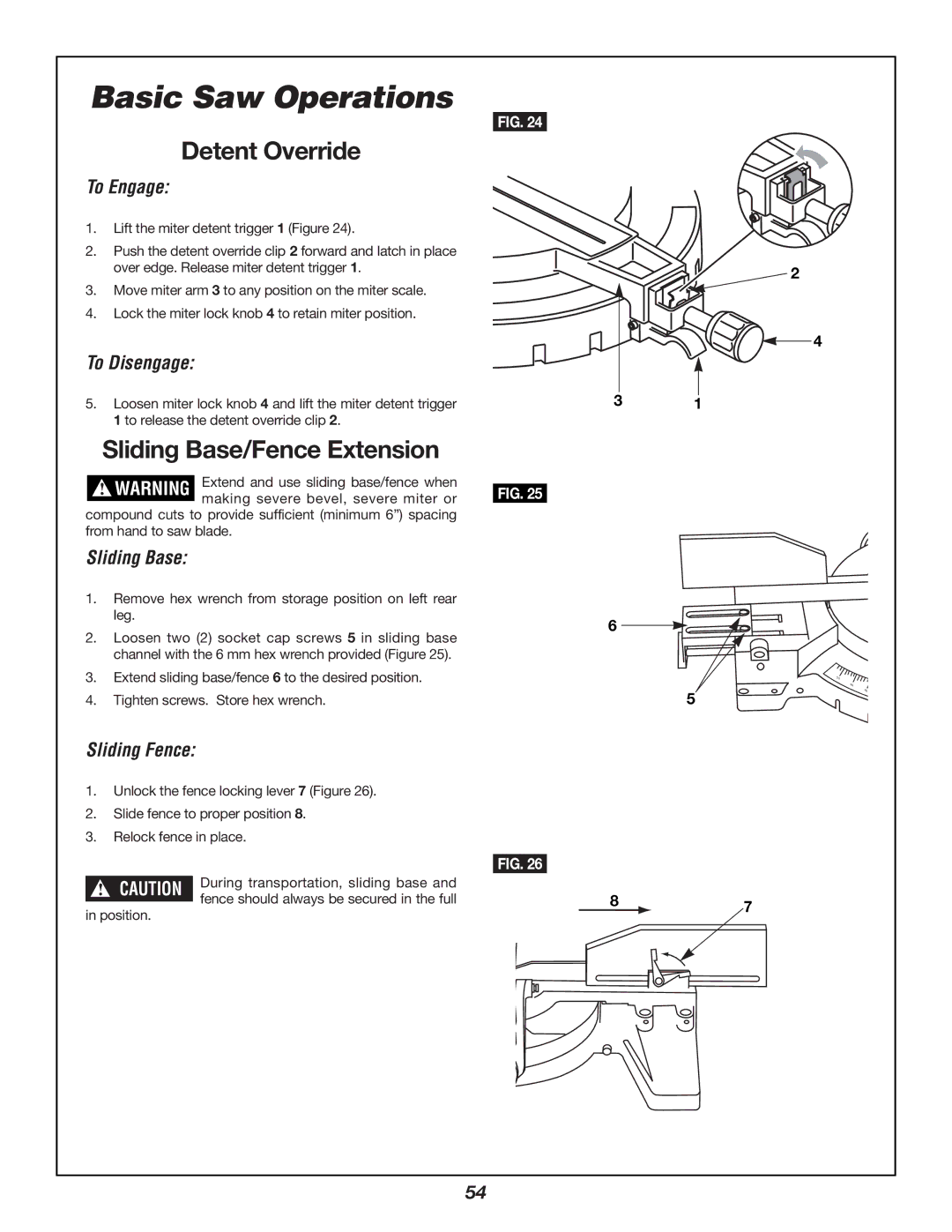 Bosch Power Tools 3924B manual Detent Override, Sliding Base/Fence Extension 