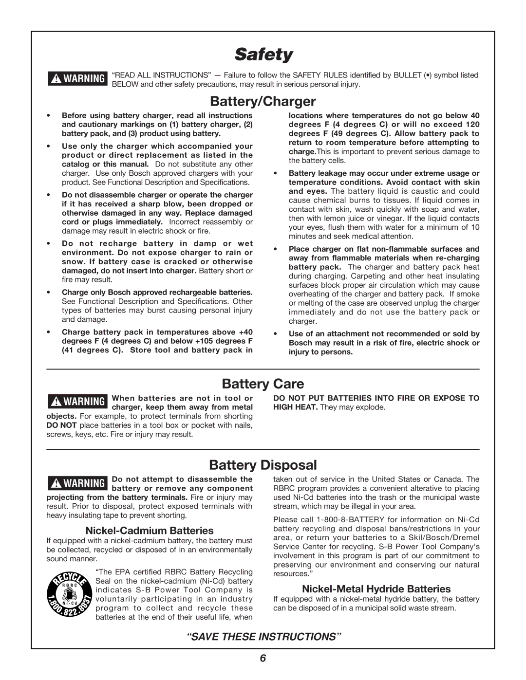 Bosch Power Tools 3924B manual Battery/Charger, Battery Care, Battery Disposal 