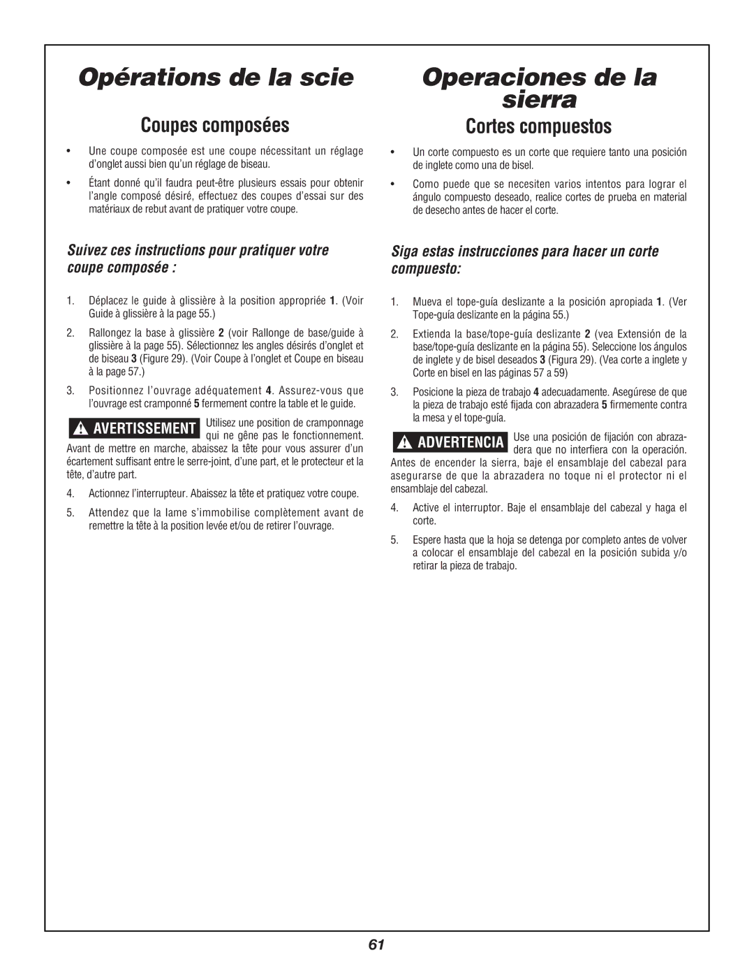 Bosch Power Tools 3924B Coupes composées, Cortes compuestos, Suivez ces instructions pour pratiquer votre coupe composée 