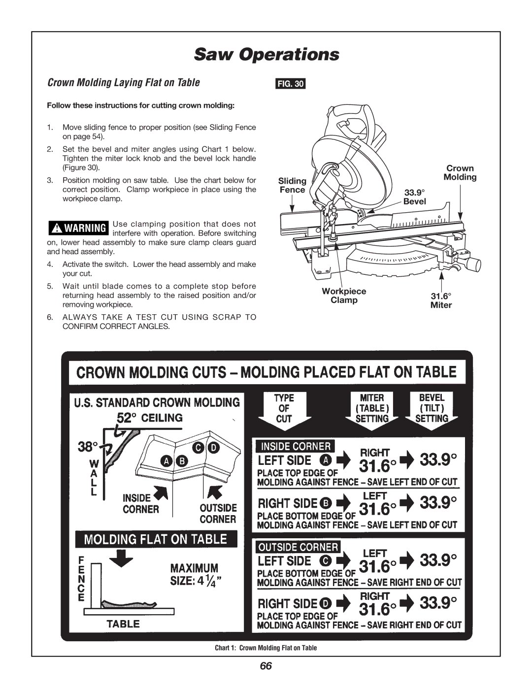 Bosch Power Tools 3924B manual Crown Molding Laying Flat on Table, Follow these instructions for cutting crown molding 