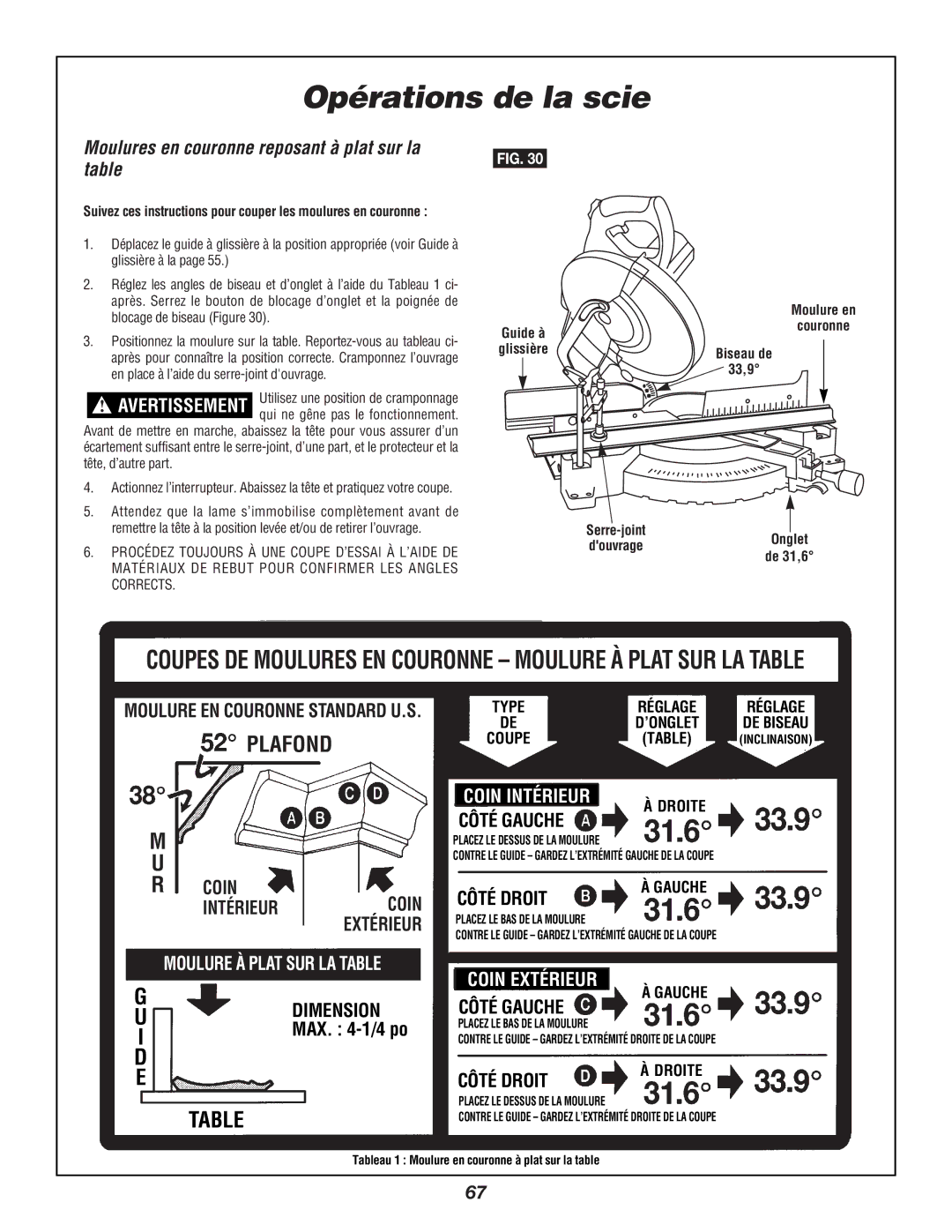 Bosch Power Tools 3924B manual Moulures en couronne reposant à plat sur la table, 33,9, Serre-joint DouvrageOnglet de 31,6 