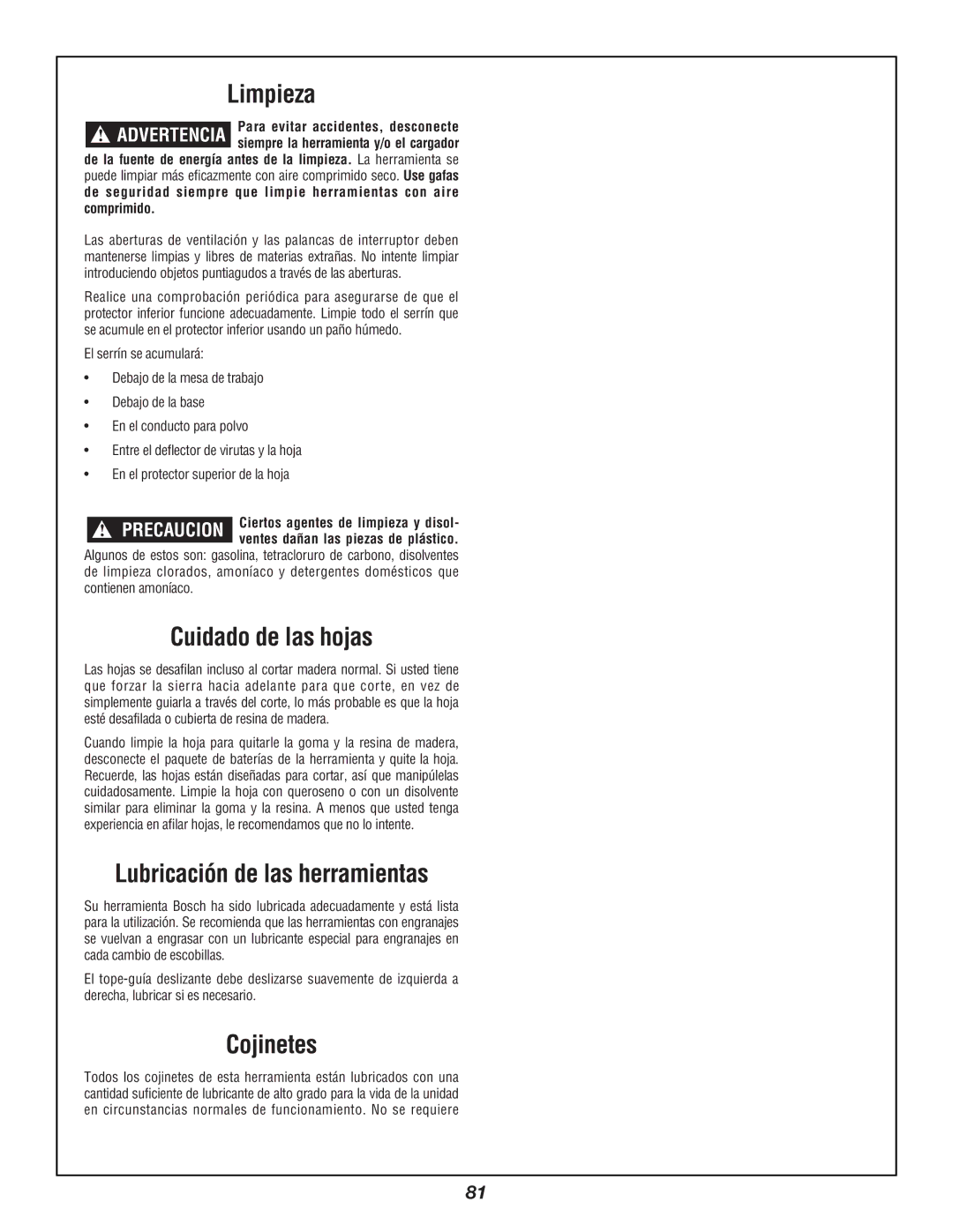 Bosch Power Tools 3924B manual Limpieza, Cuidado de las hojas, Lubricación de las herramientas, Cojinetes 