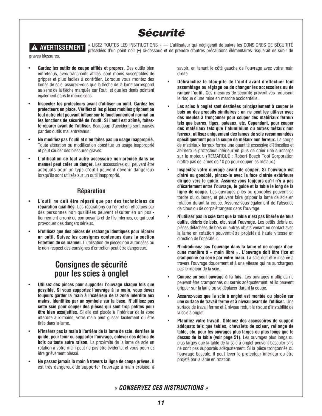 Bosch Power Tools 3924B-24 manual Consignes de sécurité pour les scies à onglet, Réparation 