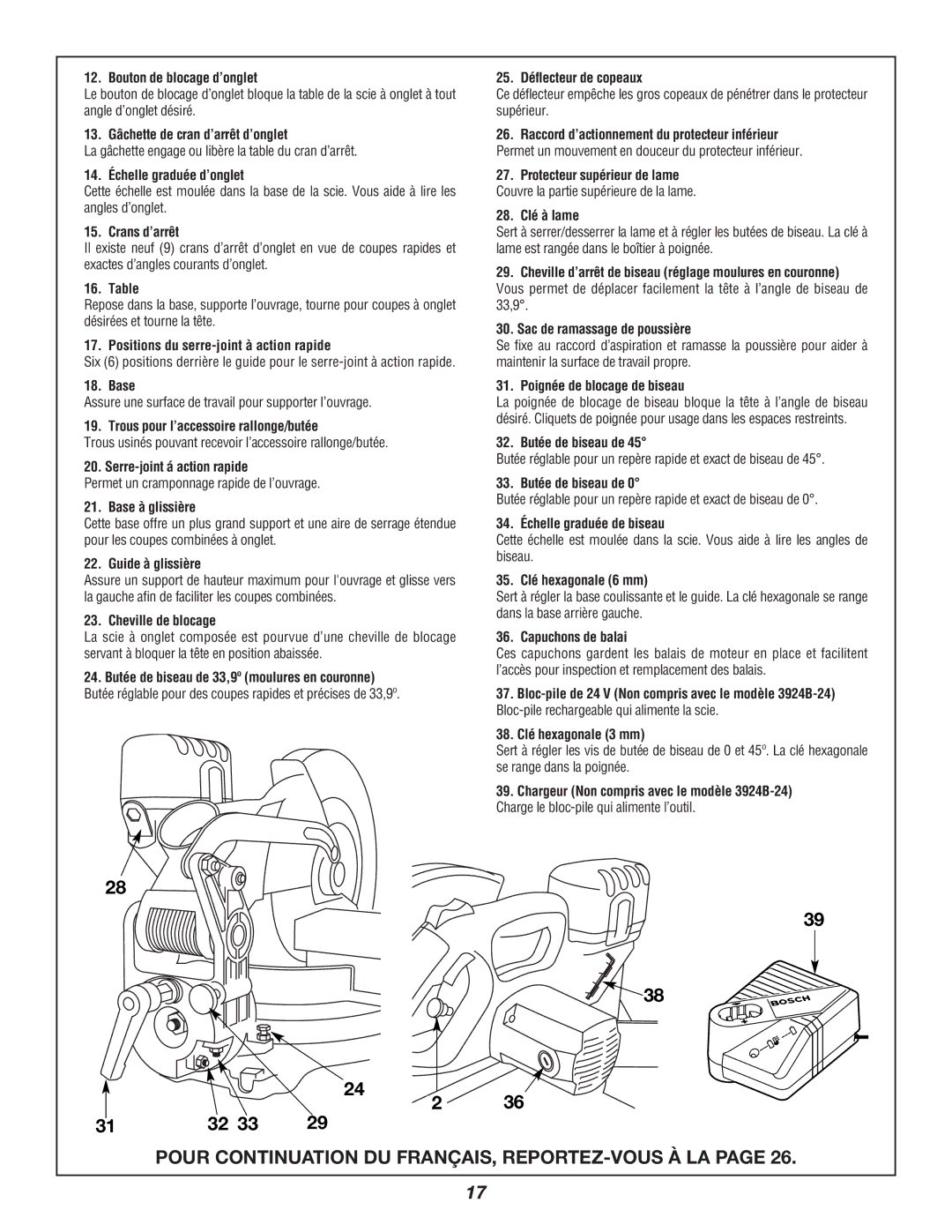 Bosch Power Tools 3924B-24 Bouton de blocage d’onglet, 13. Gâchette de cran d’arrêt d’onglet, 14. Échelle graduée d’onglet 