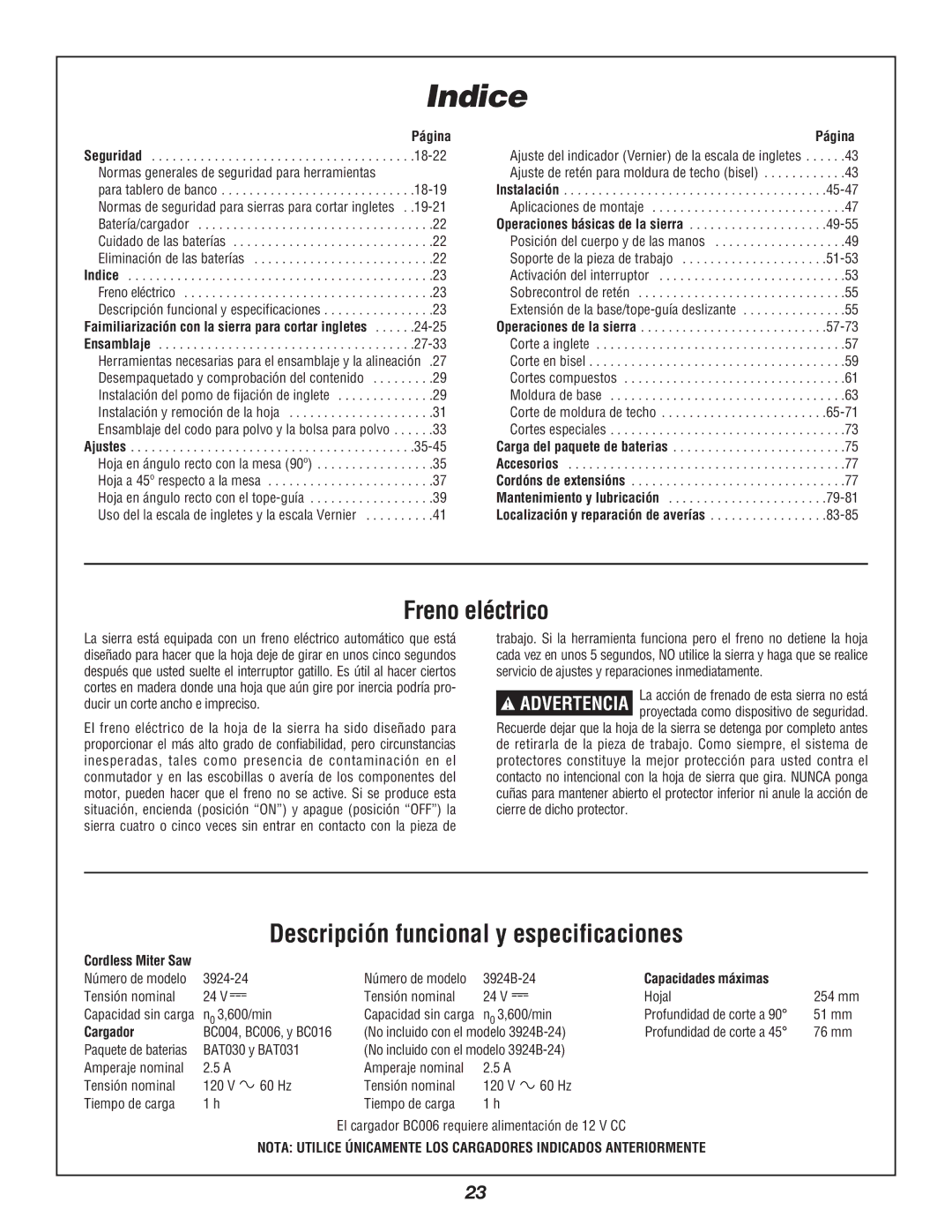 Bosch Power Tools 3924B-24 manual Indice, Freno eléctrico, Descripción funcional y especificaciones 