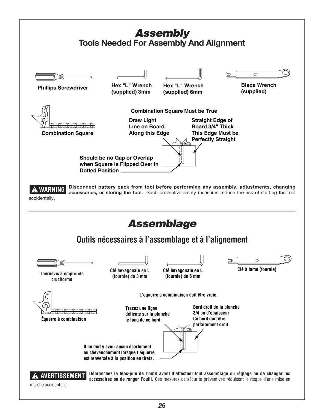 Bosch Power Tools 3924B-24 manual Assemblage, Tools Needed For Assembly And Alignment 