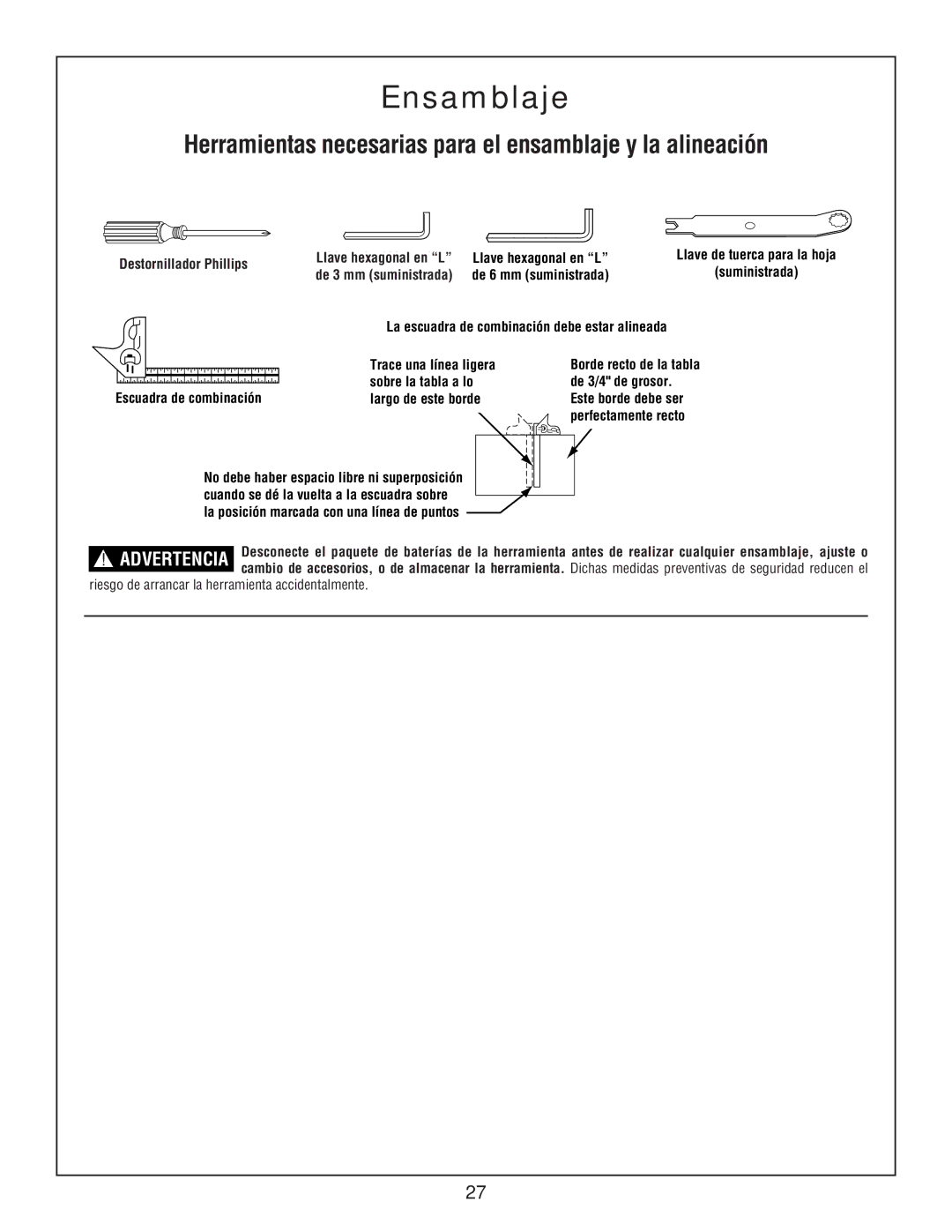 Bosch Power Tools 3924B-24 Ensamblaje, Herramientas necesarias para el ensamblaje y la alineación, Sobre la tabla a lo 