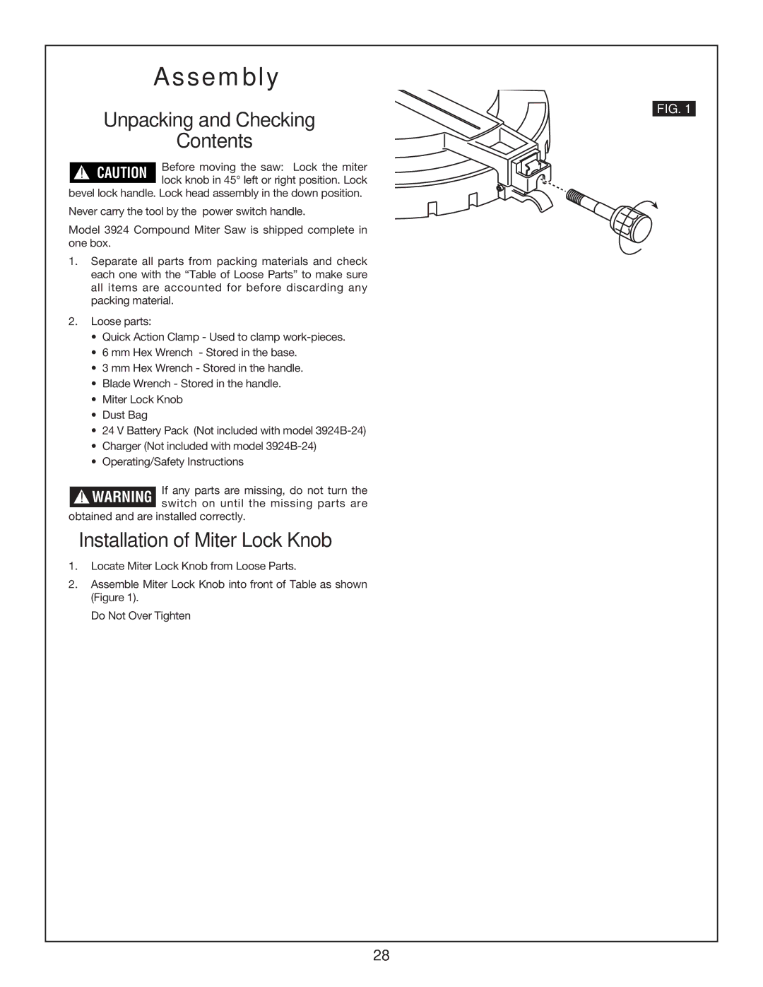 Bosch Power Tools 3924B-24 manual Unpacking and Checking Contents, Installation of Miter Lock Knob 