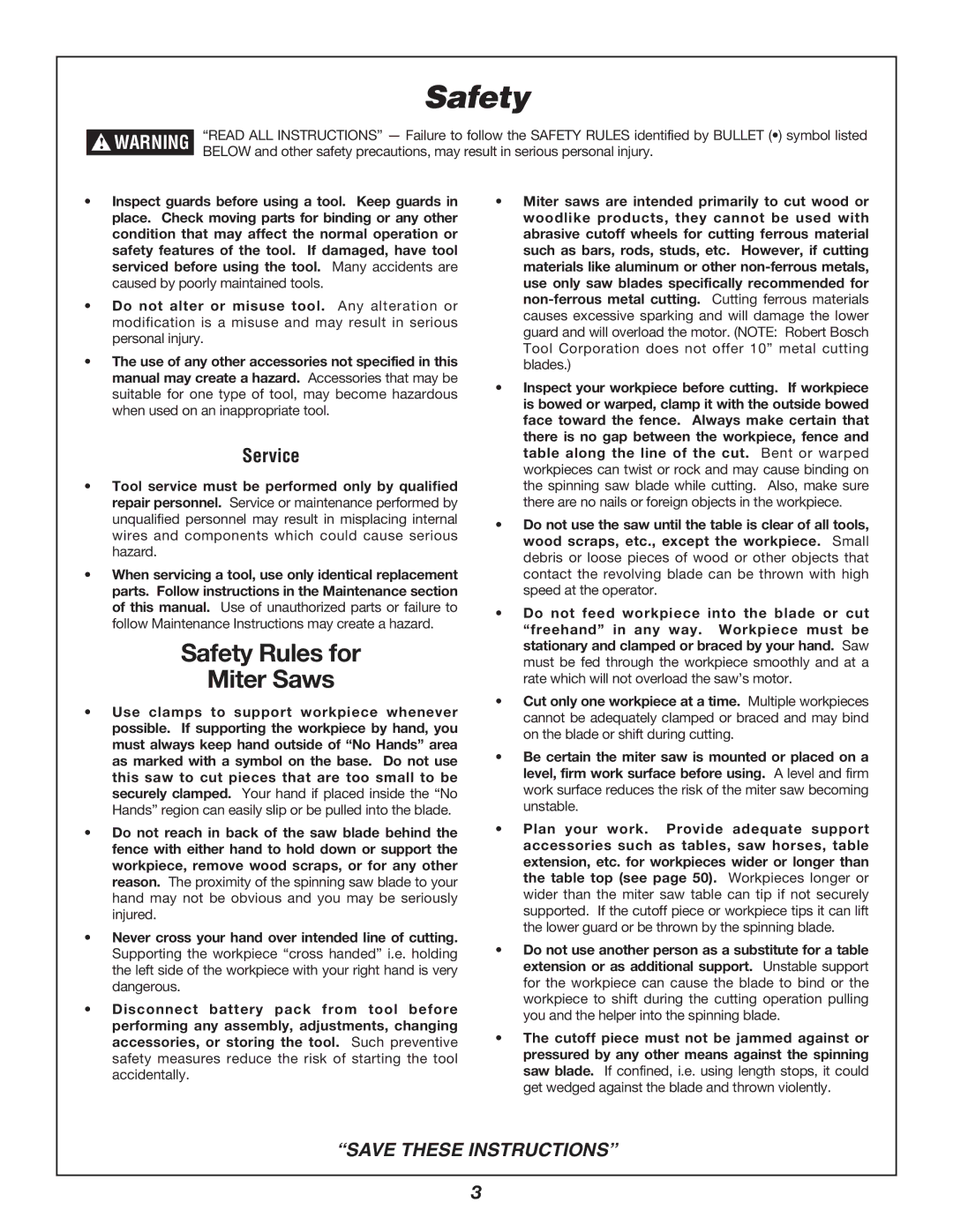 Bosch Power Tools 3924B-24 manual Safety Rules for Miter Saws, Service 