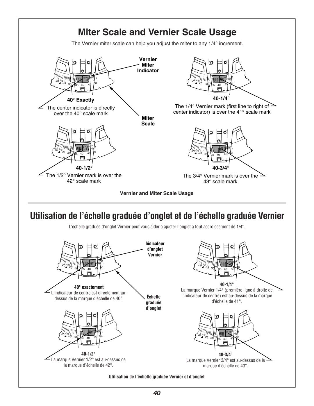 Bosch Power Tools 3924B-24 manual Indicateur ’onglet Vernier, Exactement, 40-1/2, Échelle, 40-1/4, 40-3/4 