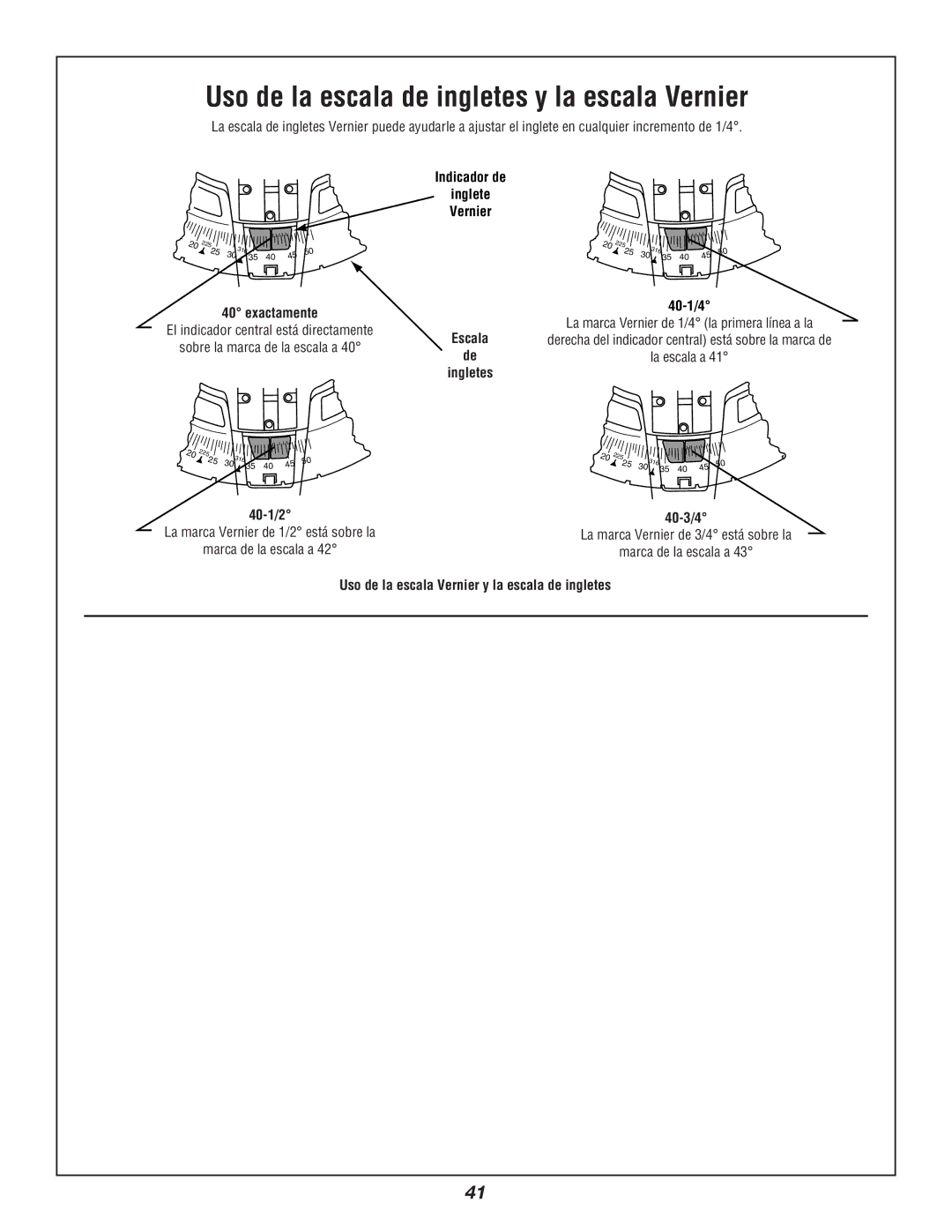 Bosch Power Tools 3924B-24 manual Indicador de, Ingletes, Uso de la escala Vernier y la escala de ingletes 