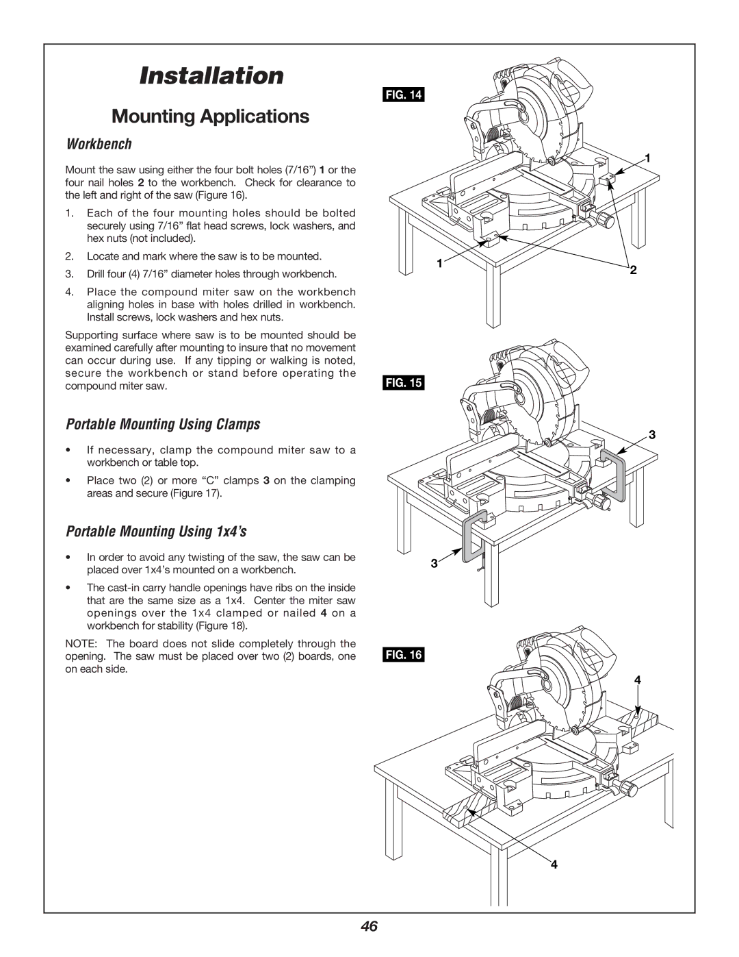 Bosch Power Tools 3924B-24 Mounting Applications, Workbench, Portable Mounting Using Clamps, Portable Mounting Using 1x4’s 