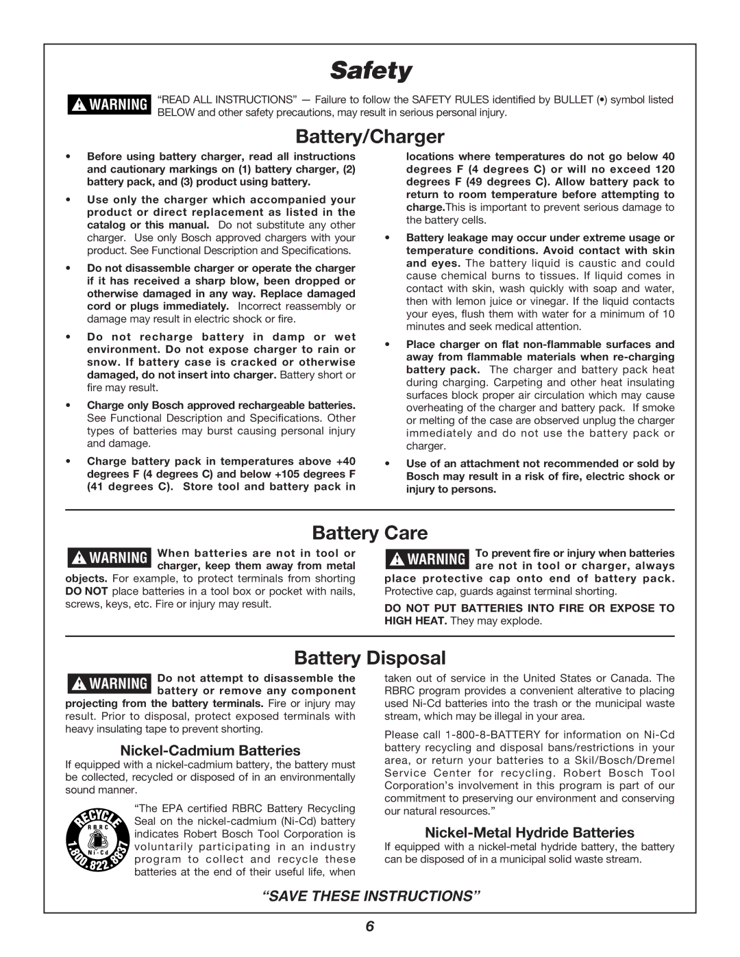 Bosch Power Tools 3924B-24 manual Battery/Charger, Battery Care, Battery Disposal 