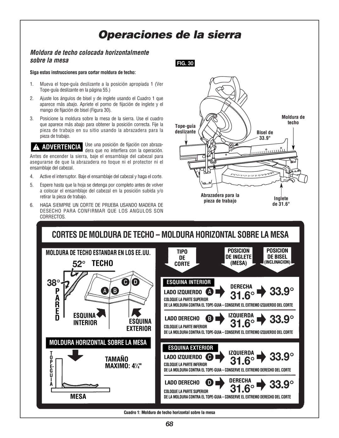 Bosch Power Tools 3924B-24 manual Moldura de techo colocada horizontalmente sobre la mesa, Maximo 41⁄4 