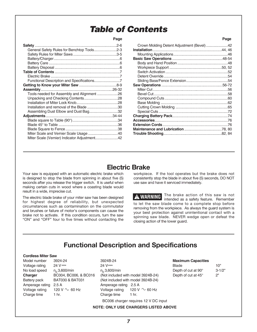 Bosch Power Tools 3924B-24 manual Table of Contents 