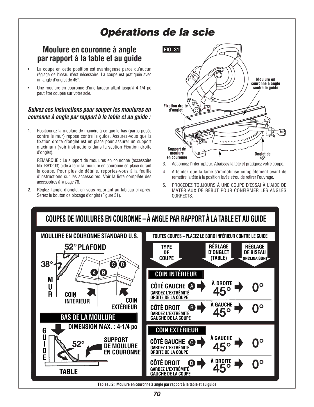 Bosch Power Tools 3924B-24 manual Moulure en couronne à angle, Par rapport à la table et au guide 