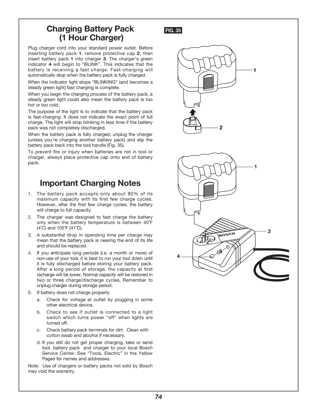 Bosch Power Tools 3924B-24 manual Charging Battery Pack Hour Charger, Important Charging Notes 