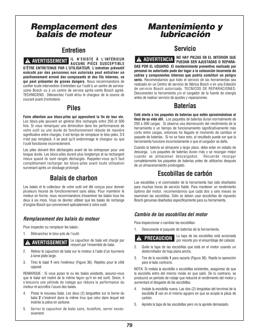 Bosch Power Tools 3924B-24 manual Remplacement des Balais de moteur, Mantenimiento y Lubricación 