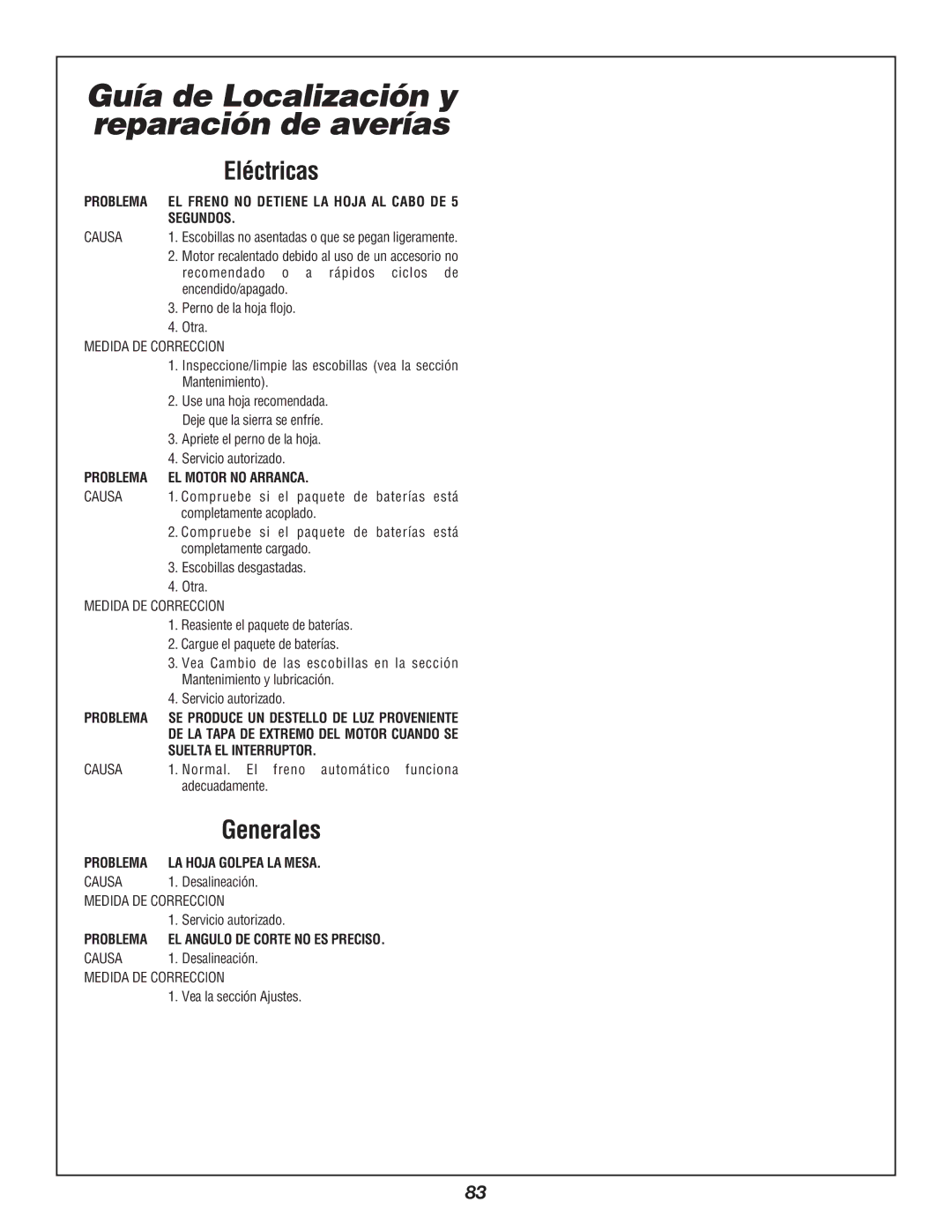 Bosch Power Tools 3924B-24 manual Guía de Localización y reparación de averías, Eléctricas, Generales 