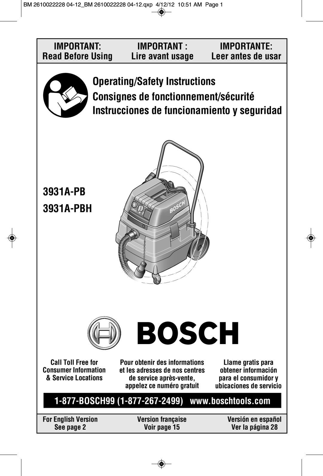 Bosch Power Tools 3931A-PB manual Leer antes de usar, BM 2610022228 04-12BM 2610022228 04-12.qxp 4/12/12 1051 AM, See 