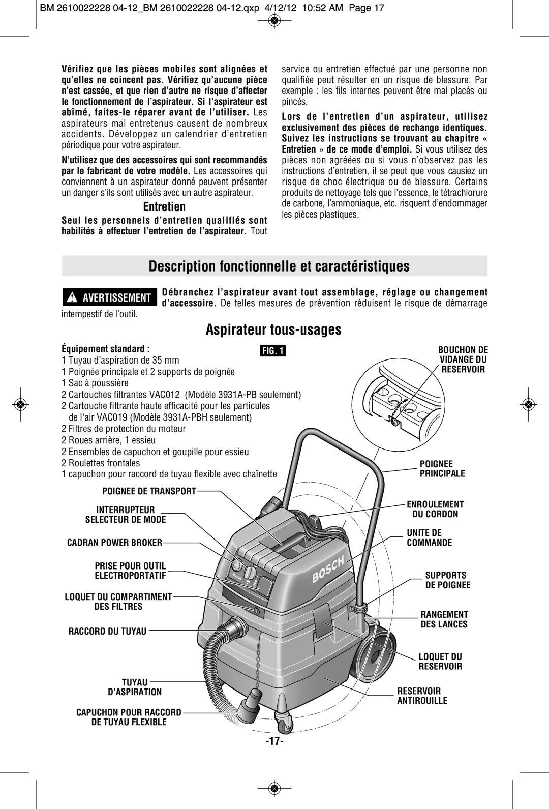 Bosch Power Tools 3931A-PB manual Aspirateur tous-usages, Entretien, Intempestif de l’outil 