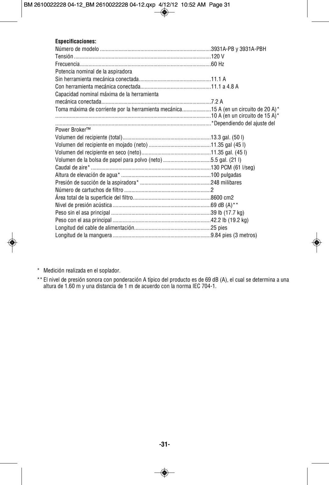 Bosch Power Tools 3931A-PB manual Especificaciones 