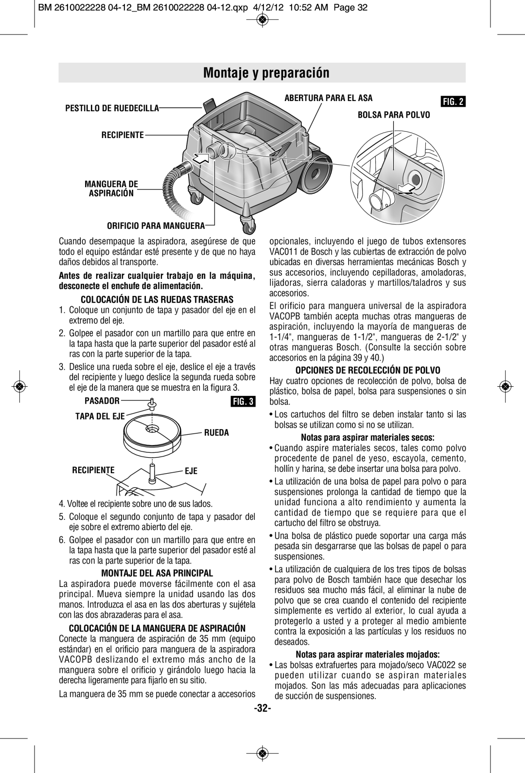 Bosch Power Tools 3931A-PB manual Montaje y preparación, Montaje DEL ASA Principal, Opciones DE Recolección DE Polvo 