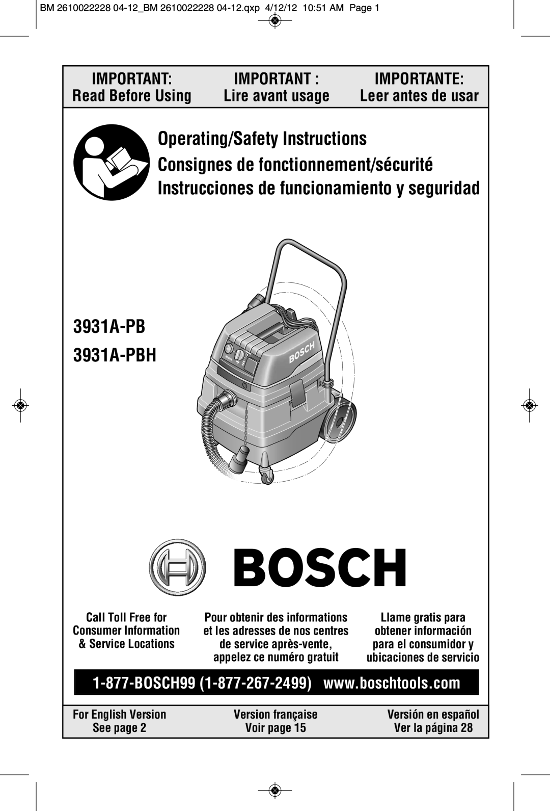 Bosch Power Tools manual Leer antes de usar, See page, Ver la página, 3931A-PB 3931A-PBH, Importante, Lire avant usage 