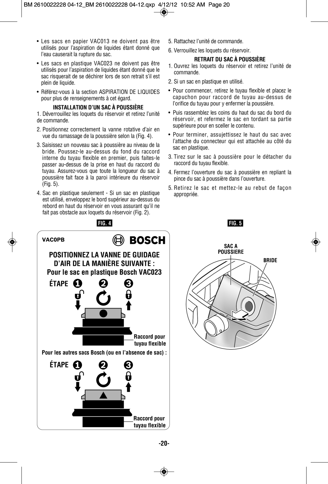 Bosch Power Tools 3931A-PB manual Pour le sac en plastique Bosch VAC023 ÉTAPE, Étape, Installation D’Un Sac À Poussière 