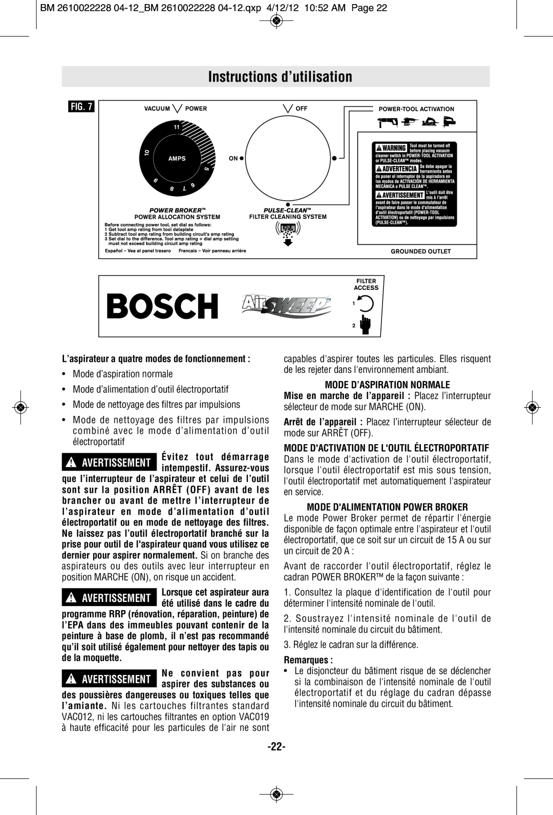Bosch Power Tools 3931A-PB manual Instructions d’utilisation, Mode D’Aspiration Normale, Mode Dalimentation Power Broker 