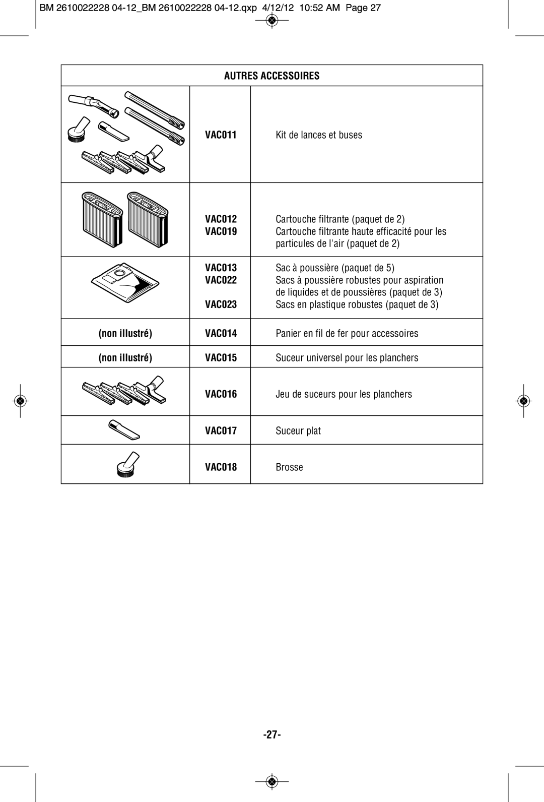 Bosch Power Tools 3931A-PB manual Autres Accessoires, non illustré, VAC011, VAC012, VAC019, VAC013, VAC022, VAC023, VAC014 