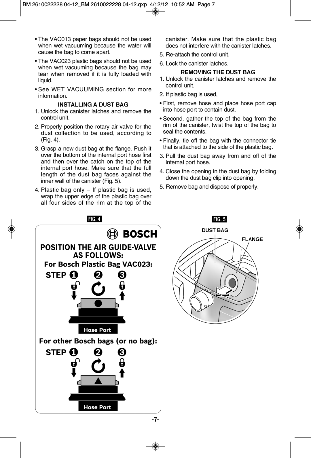 Bosch Power Tools 3931A-PB manual Installing A Dust Bag, Removing The Dust Bag, Dust Bag Flange 