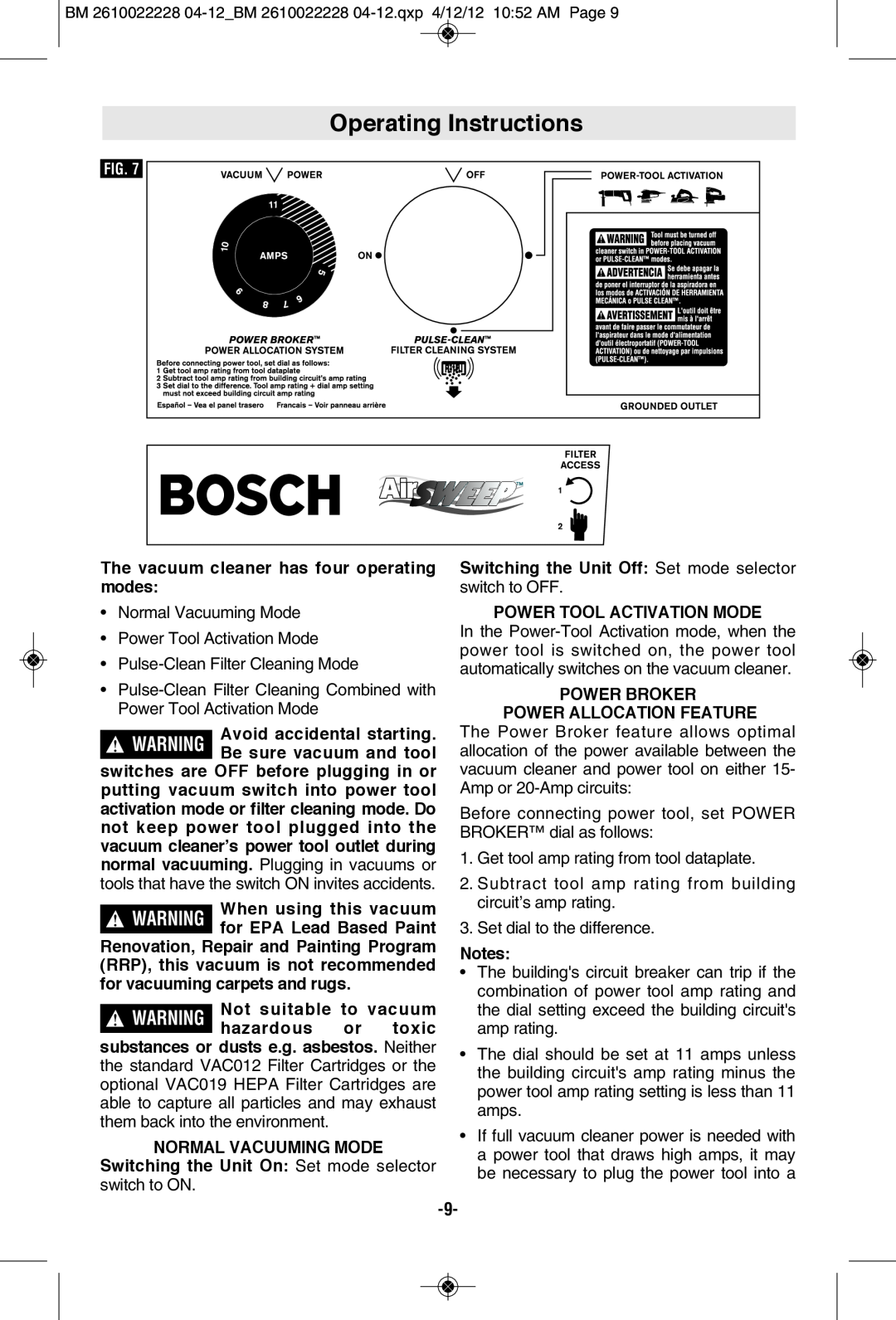 Bosch Power Tools 3931A-PB Operating Instructions, The vacuum cleaner has four operating modes, Normal Vacuuming Mode 