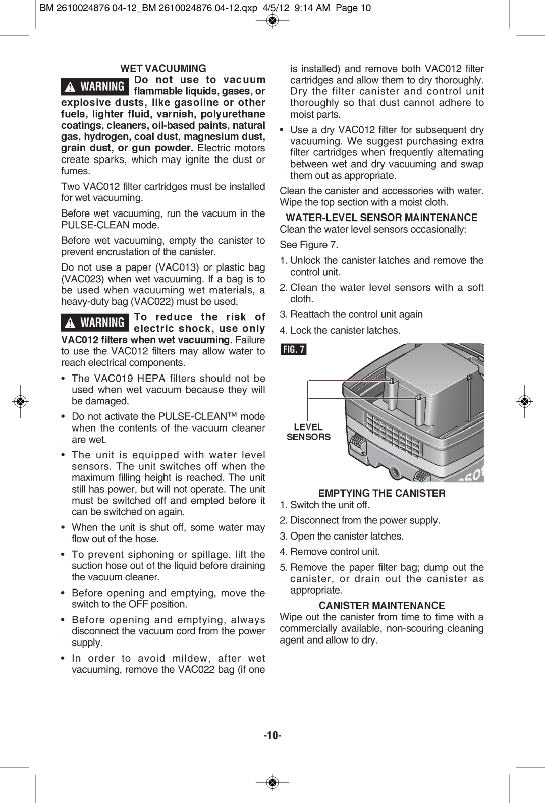 Bosch Power Tools 3931B-SPB manual WET Vacuuming, EMPTyING the Canister, Canister Maintenance 