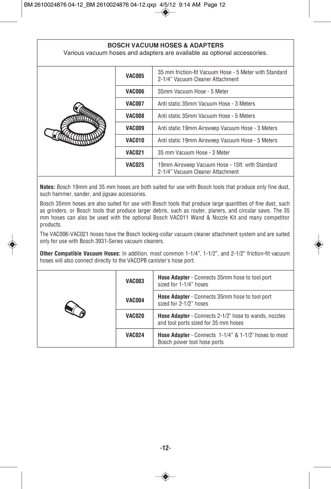 Bosch Power Tools 3931B-SPB manual Bosch Vacuum Hoses & Adapters 