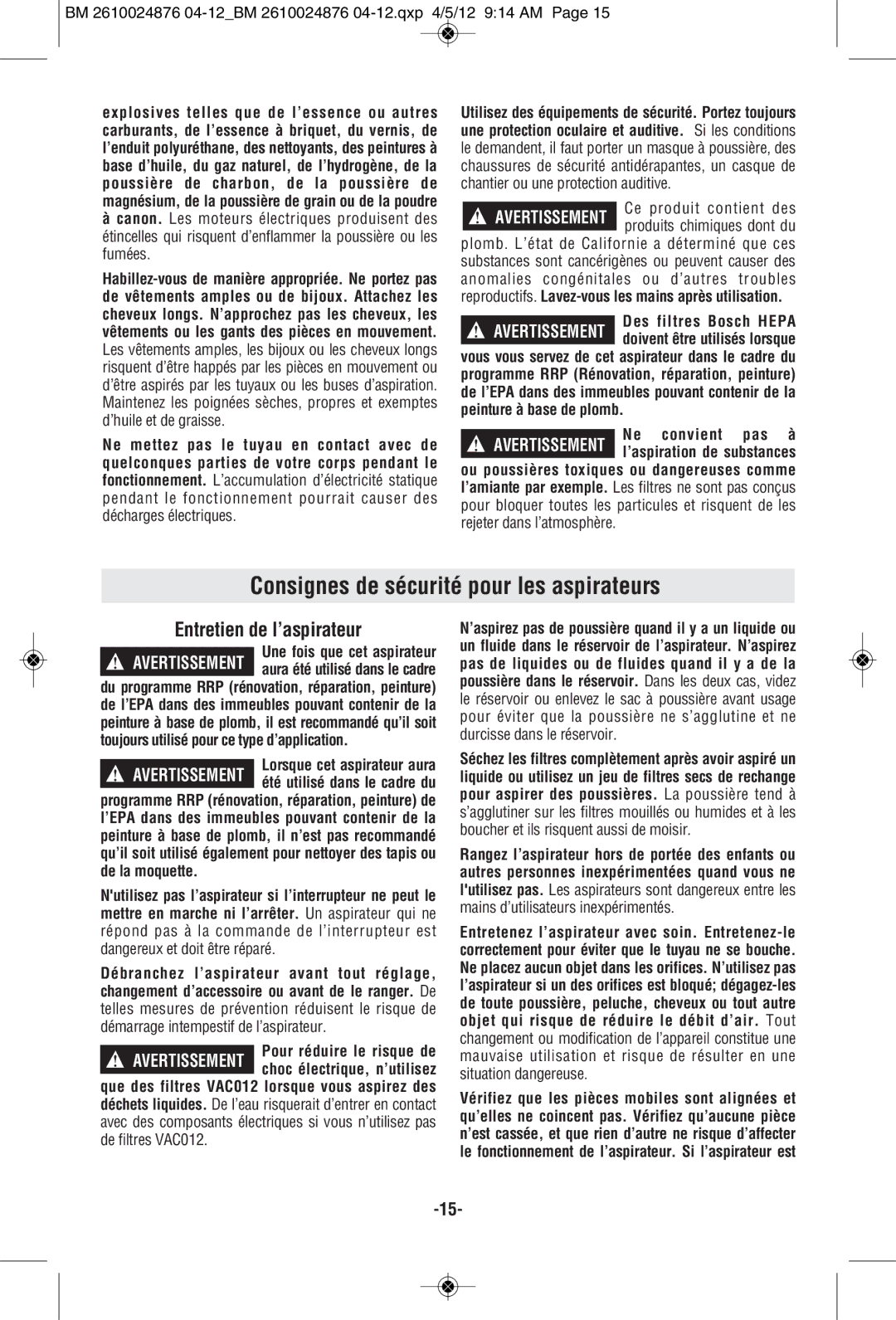 Bosch Power Tools 3931B-SPB manual Consignes de sécurité pour les aspirateurs, Entretien de l’aspirateur 