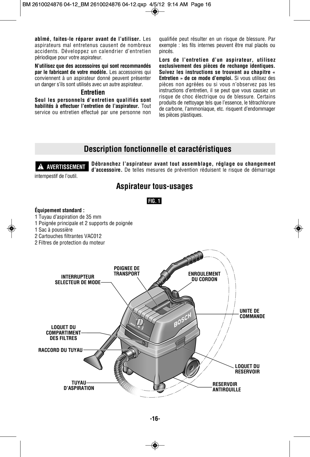 Bosch Power Tools 3931B-SPB manual Aspirateur tous-usages, Entretien, Équipement standard 