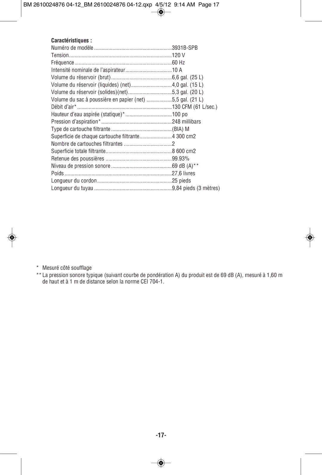 Bosch Power Tools 3931B-SPB manual Caractéristiques 