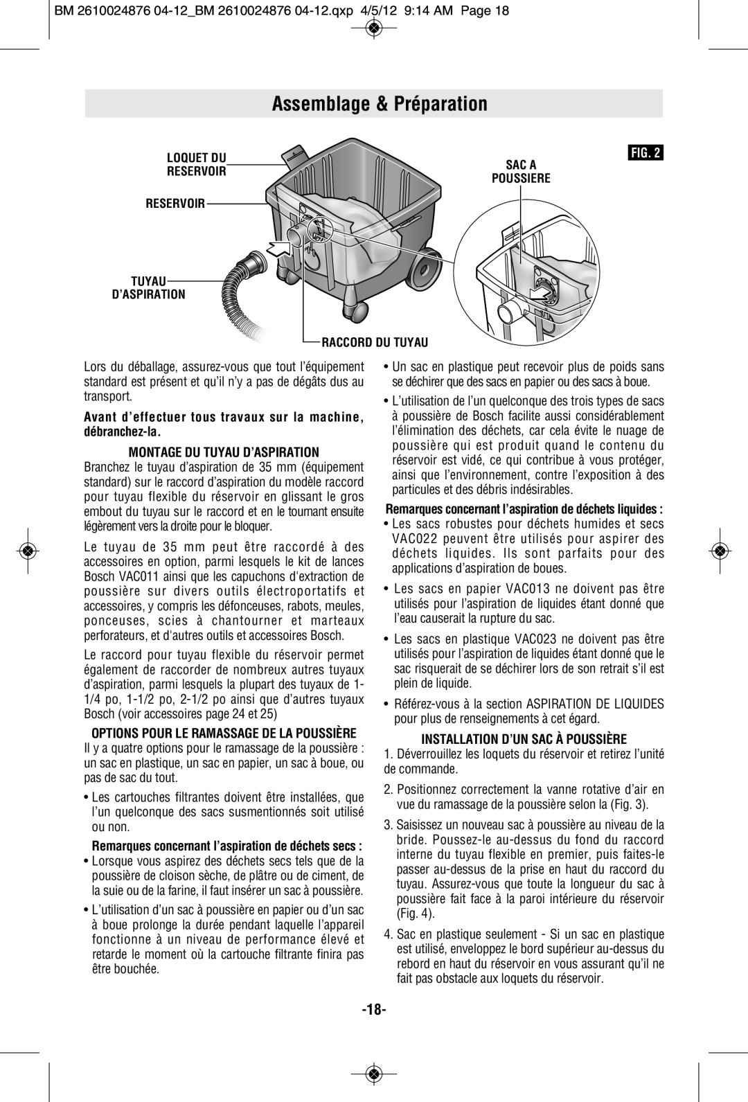 Bosch Power Tools 3931B-SPB Assemblage & Préparation, Montage DU Tuyau D’ASPIRATION, Installation D’UN SAC À Poussière 