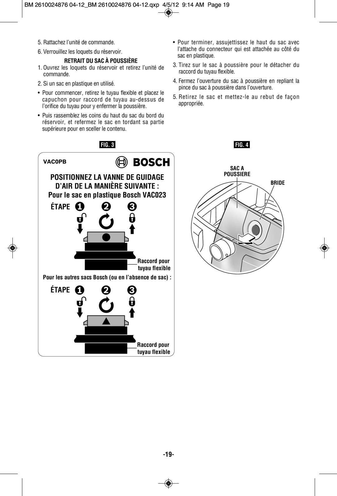 Bosch Power Tools 3931B-SPB manual Pour le sac en plastique Bosch VAC023, Retrait DU SAC À Poussière 