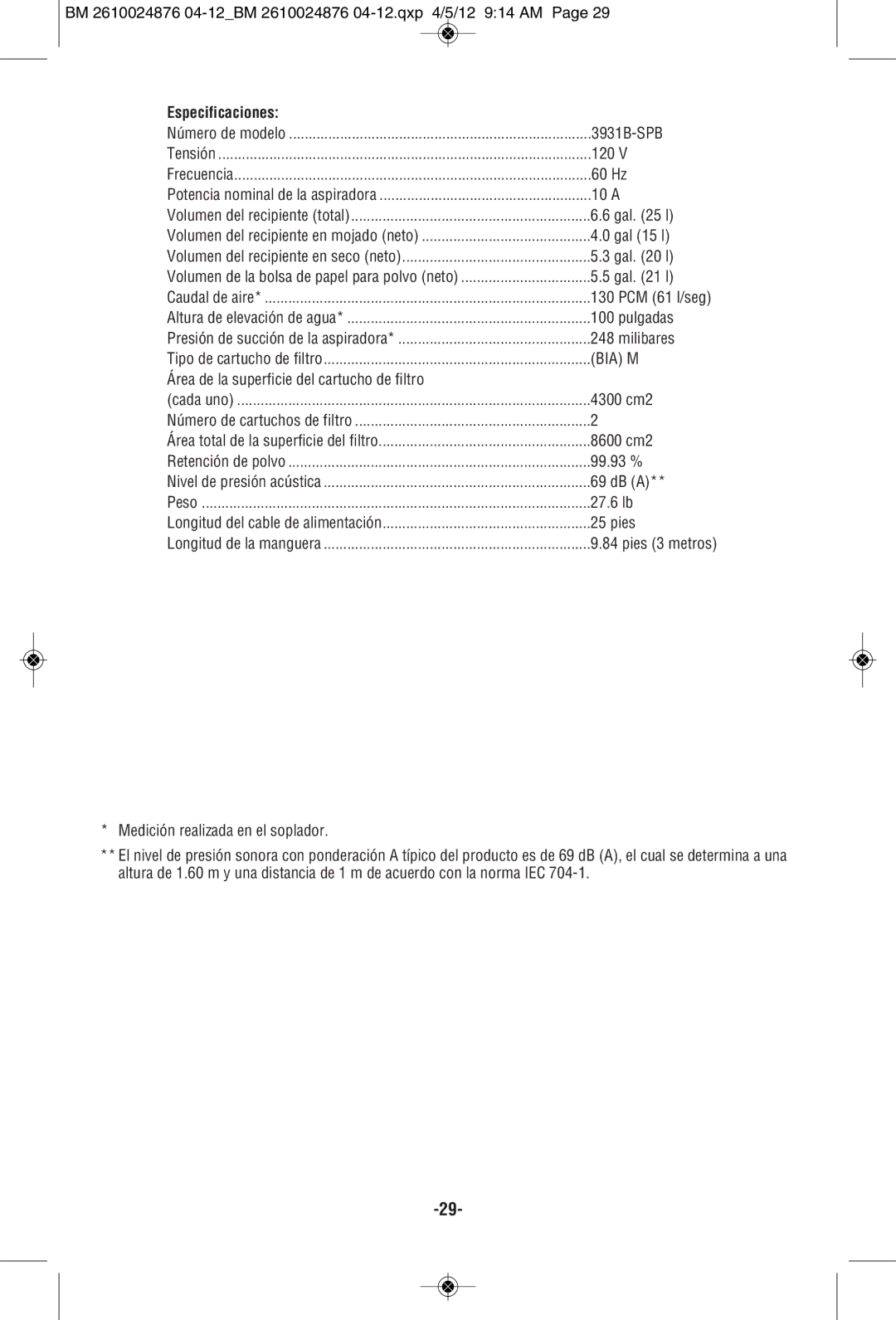 Bosch Power Tools 3931B-SPB manual Especificaciones 