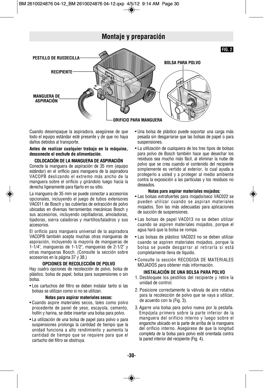 Bosch Power Tools 3931B-SPB Montaje y preparación, Opciones DE Recolección DE Polvo, Notas para aspirar materiales secos 