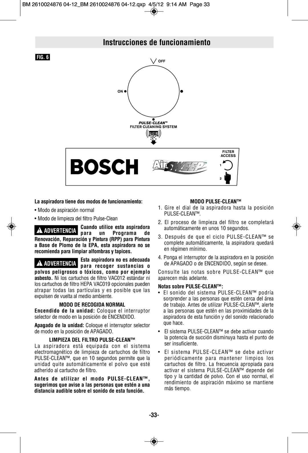 Bosch Power Tools 3931B-SPB Instrucciones de funcionamiento, Modo DE Recogida Normal, Limpieza DEL Filtro PULSE-CLEAN 