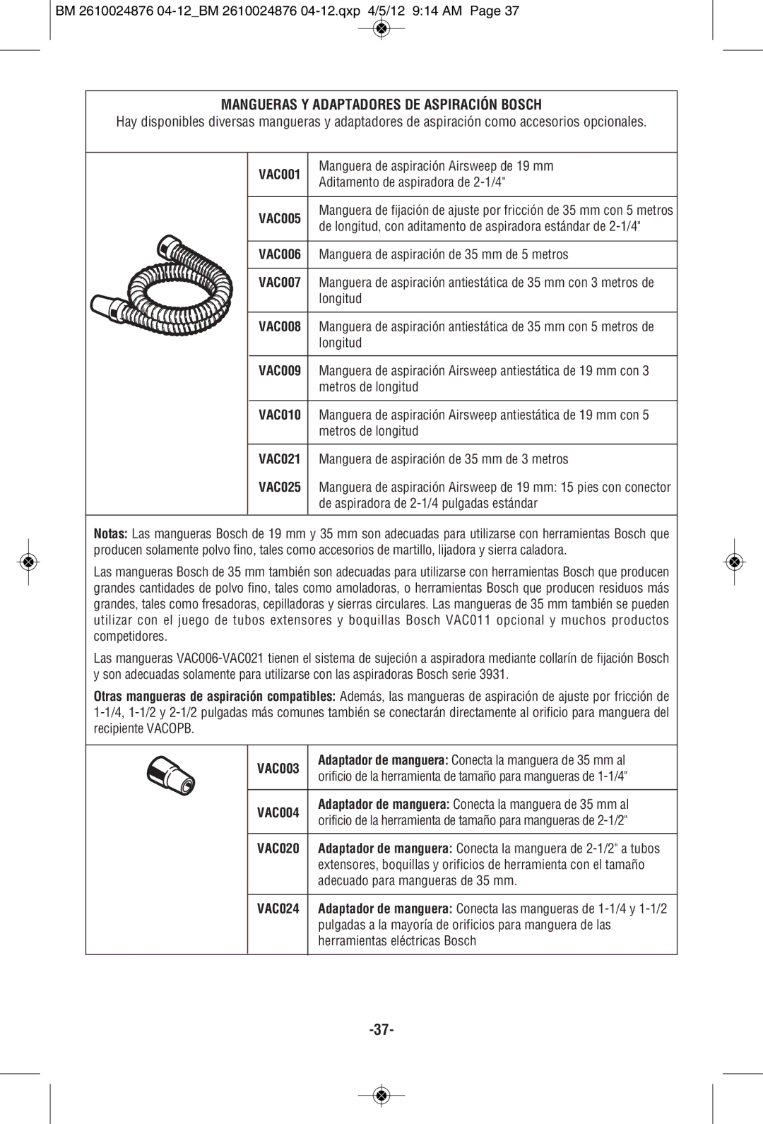 Bosch Power Tools 3931B-SPB manual Mangueras Y Adaptadores DE Aspiración Bosch, Aditamento de aspiradora de 2-1/4 