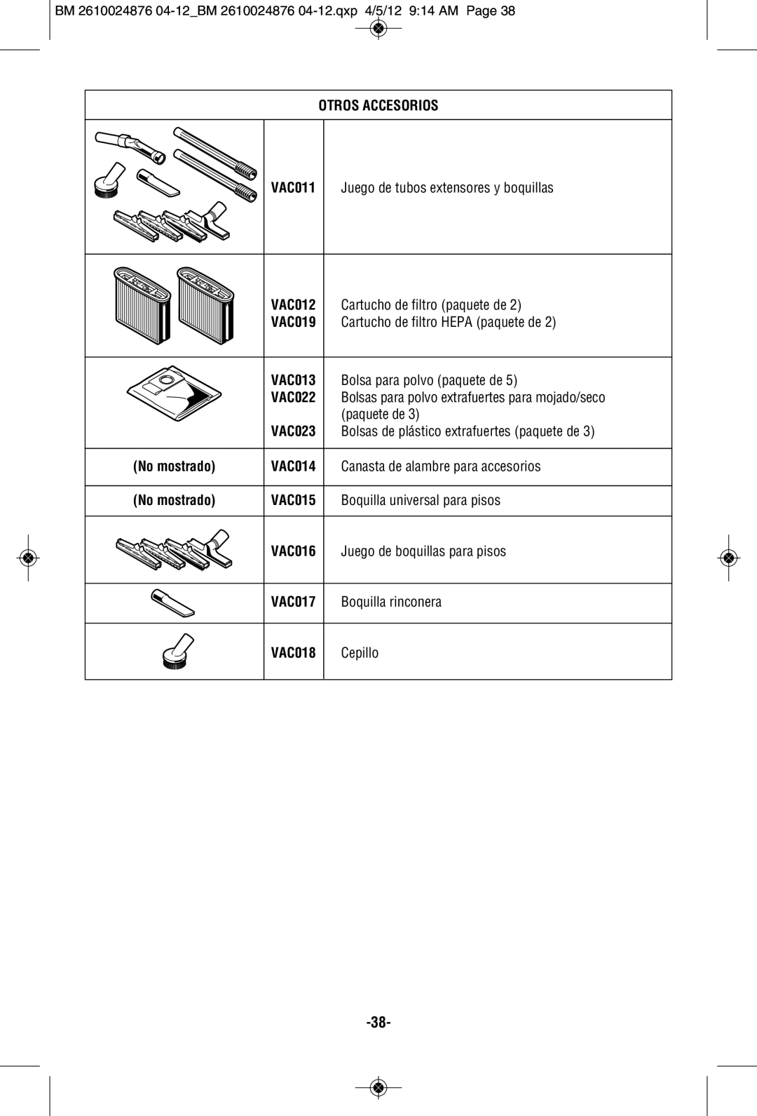 Bosch Power Tools 3931B-SPB manual Otros Accesorios, No mostrado VAC014, No mostrado VAC015 