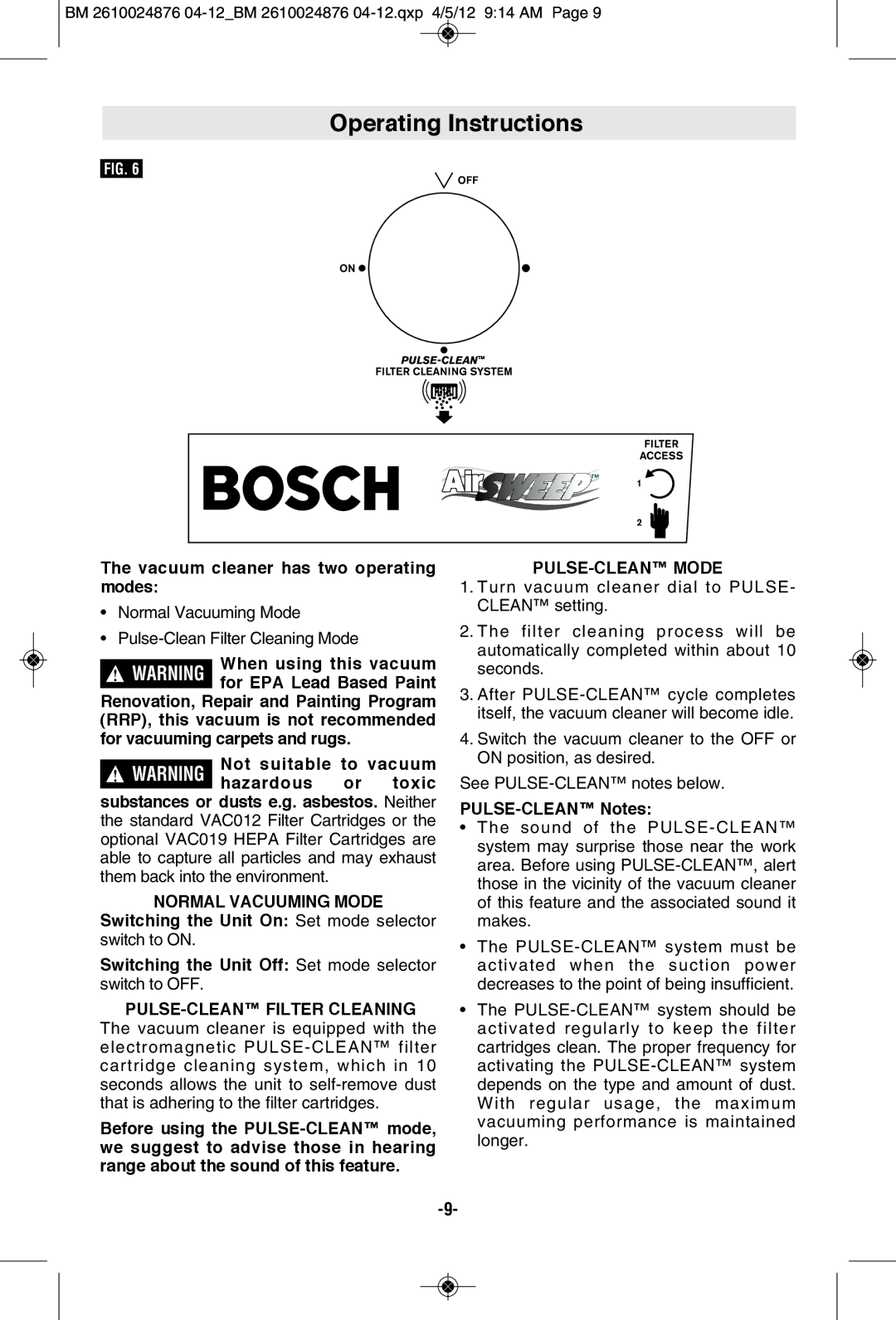 Bosch Power Tools 3931B-SPB Operating Instructions, Normal Vacuuming Mode, PULSE-CLEAN Filter Cleaning, PULSE-CLEAN Mode 