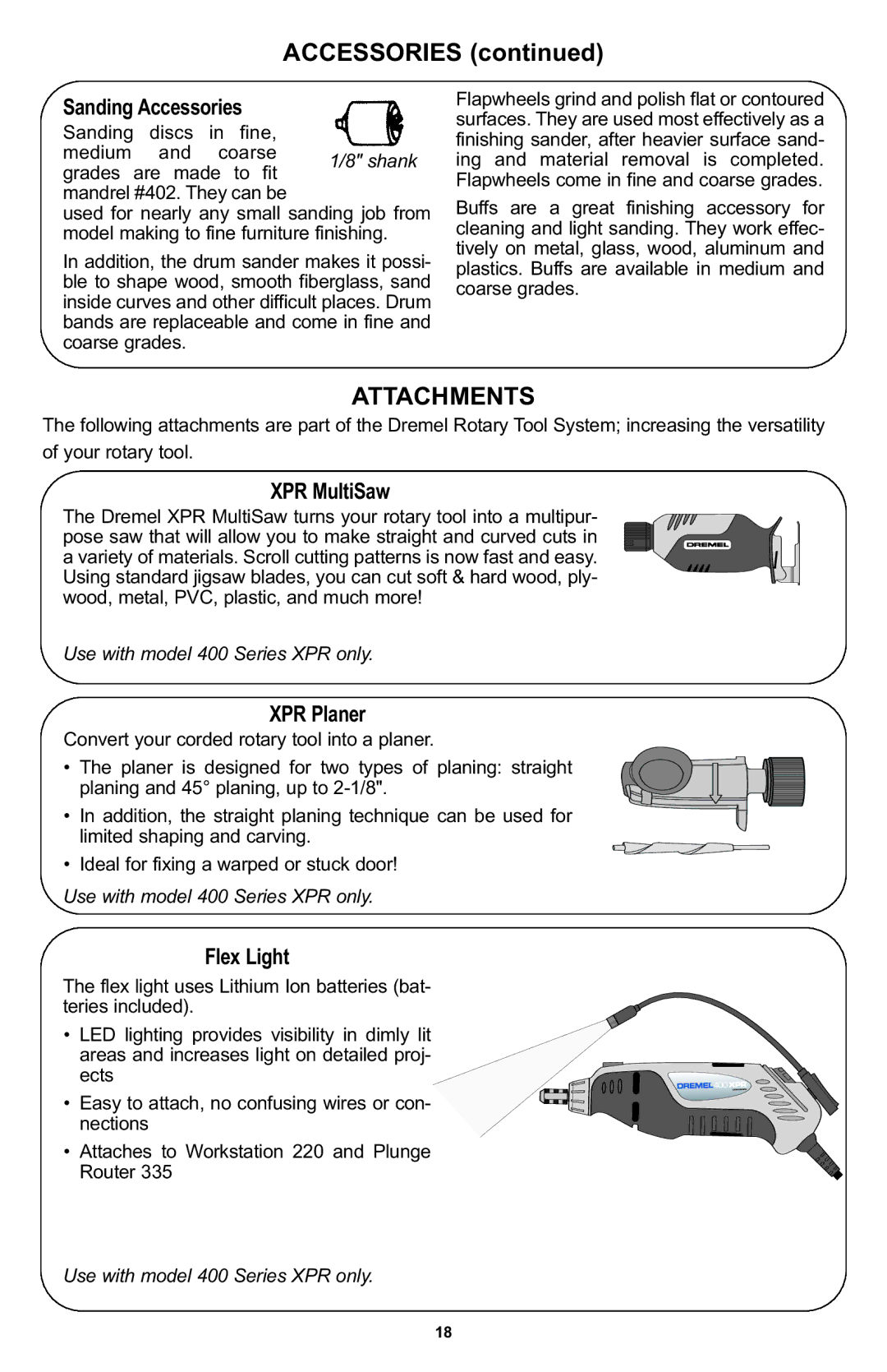 Bosch Power Tools 400 Series XPR manual Attachments, XPR MultiSaw, XPR Planer, Flex Light 