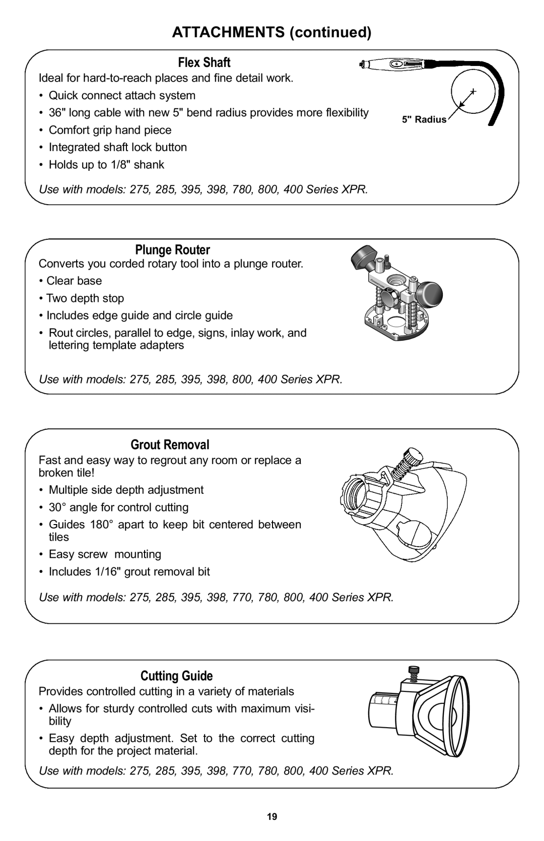 Bosch Power Tools 400 Series XPR manual Flex Shaft, Plunge Router, Grout Removal, Cutting Guide 