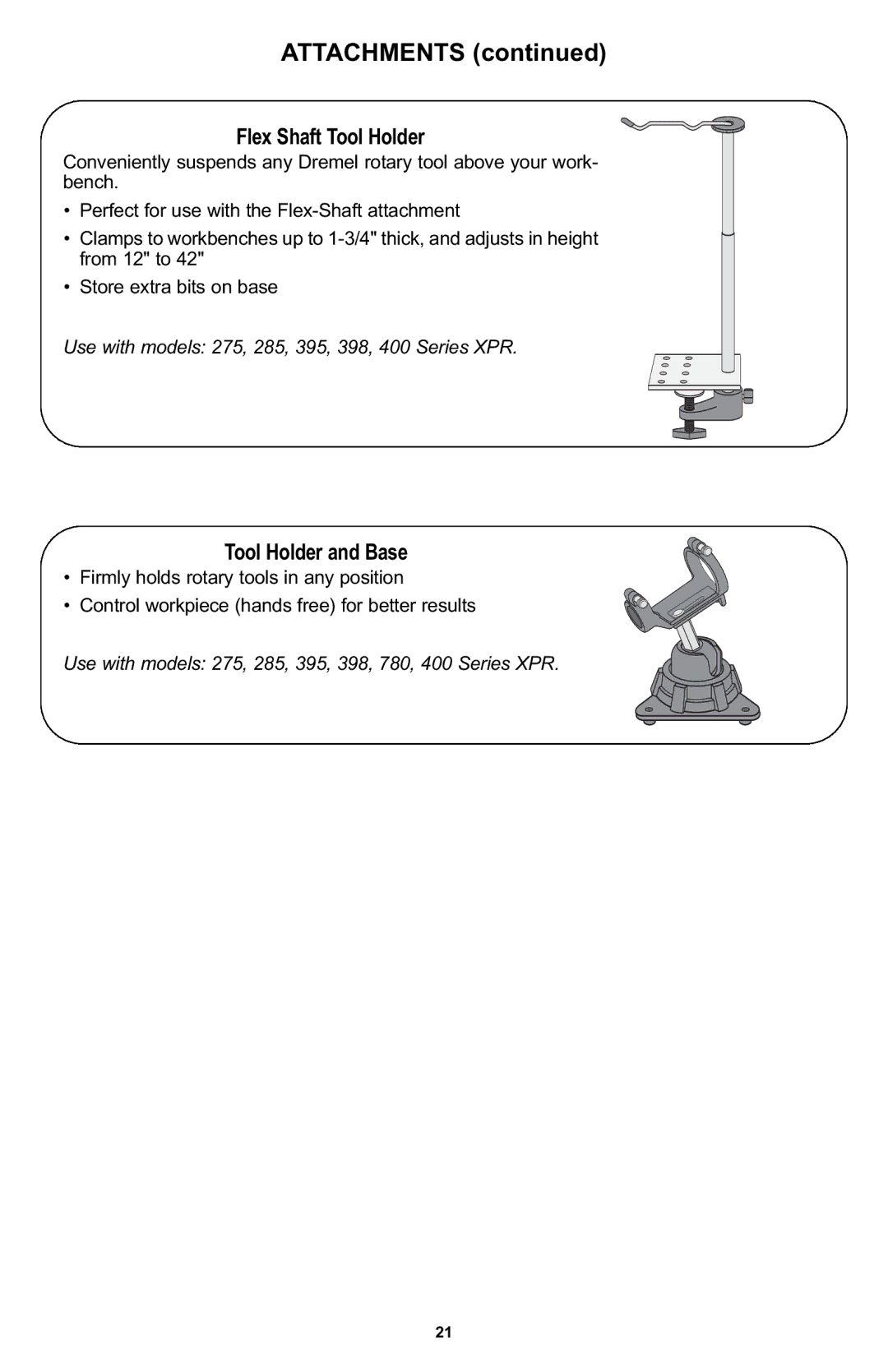 Bosch Power Tools 400 Series XPR manual Flex Shaft Tool Holder, Tool Holder and Base 